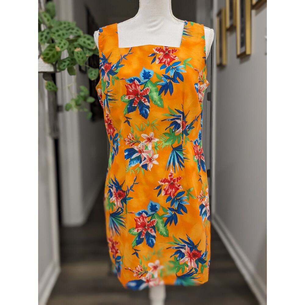Vintage Bright Tropical Floral Hawaiian Zip Dress Women 13/14 Orange Square Neck